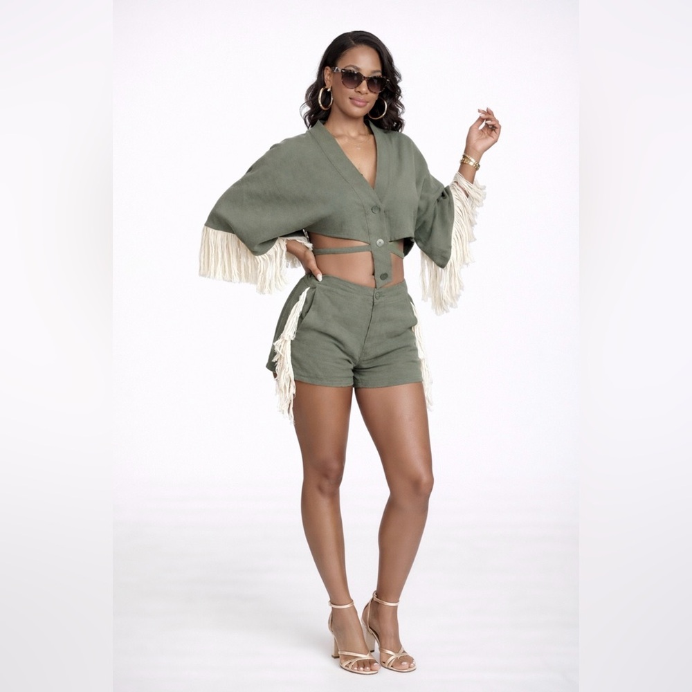 Olive Tassel V Neck Two Pcs Solid Short Set
